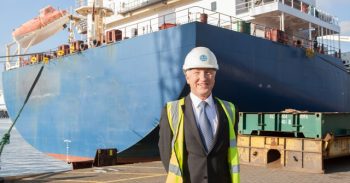 Martin-Putman-Port-Manager-and-the-largest-cargo-vessel-to-arrive-at-Portsmouth-International-Port-Antwerp-Trader-Copy