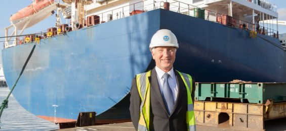 Martin-Putman-Port-Manager-and-the-largest-cargo-vessel-to-arrive-at-Portsmouth-International-Port-Antwerp-Trader-Copy